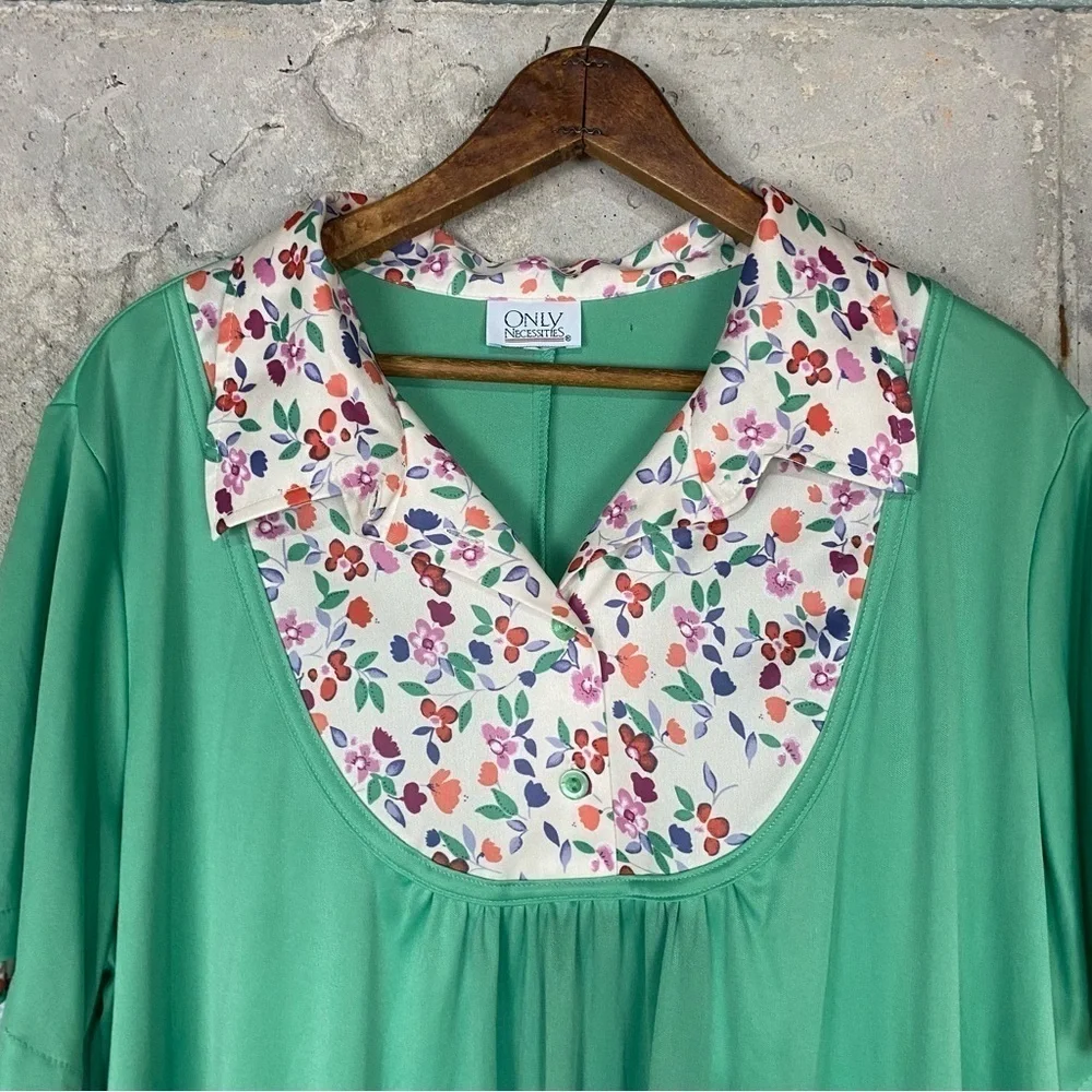 Vintage only necessities green floral short sleeve maxi house gown 1x xl